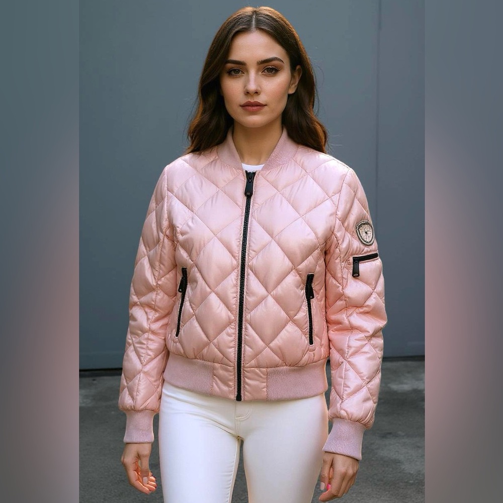 Alp N Rock Quilted Satin Bomber Jacket in Pale Pink